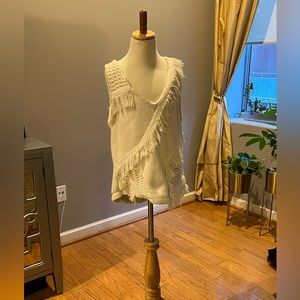 Anthropologie Womens Sweater Vest Size S Ivory Fringe Cotton